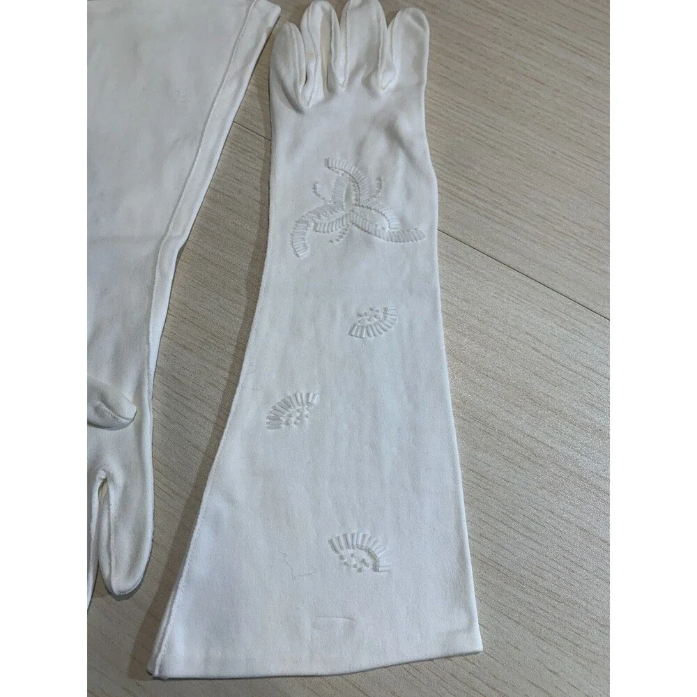 Vintage Gloves~WEAR-RITE White Cotton Gloves Beaded Design Wedding-Bridal 6.5